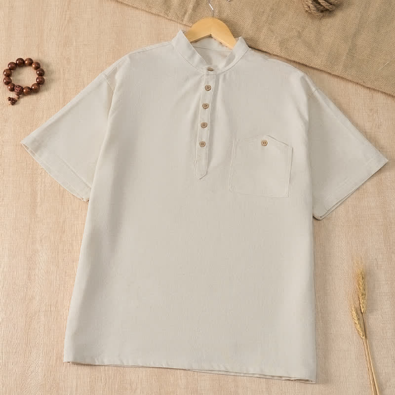 Buddha Stones Chemises d'été décontractées pour hommes, style Tang, col mandarin, manches courtes, unies, avec poche - Beige - US/UK/AU42, EU52 (3XL) - image 19