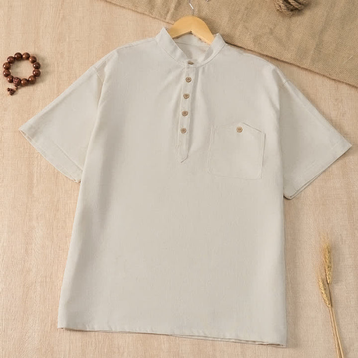 Buddha Stones Chemises d'été décontractées pour hommes, style Tang, col mandarin, manches courtes, unies, avec poche - Beige - US/UK/AU42, EU52 (3XL) - image 19