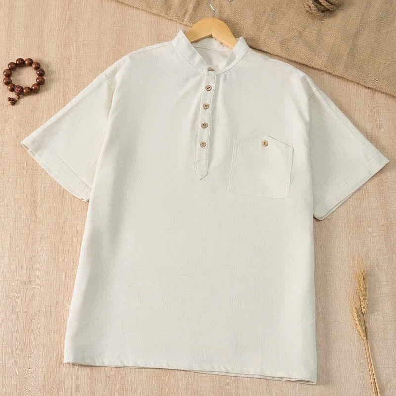 Buddha Stones Chemises d'été décontractées pour hommes, style Tang, col mandarin, manches courtes, unies, avec poche - Blanc - US/UK/AU42, EU52 (3XL) - image 27