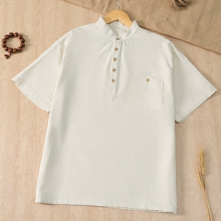 Buddha Stones Chemises d'été décontractées pour hommes, style Tang, col mandarin, manches courtes, unies, avec poche - Blanc - US/UK/AU42, EU52 (3XL) - image 27