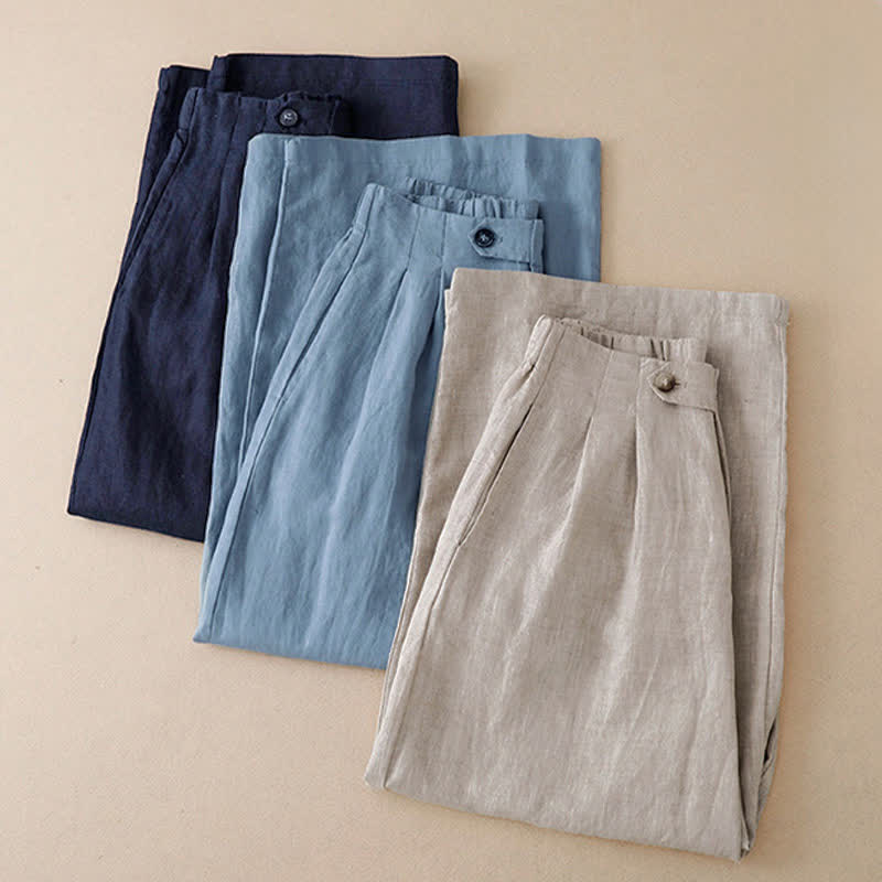 Buddha Stones Pantalon d'été minimaliste décontracté à boutons, coupe 7/8, jambes larges, avec poches - image 21
