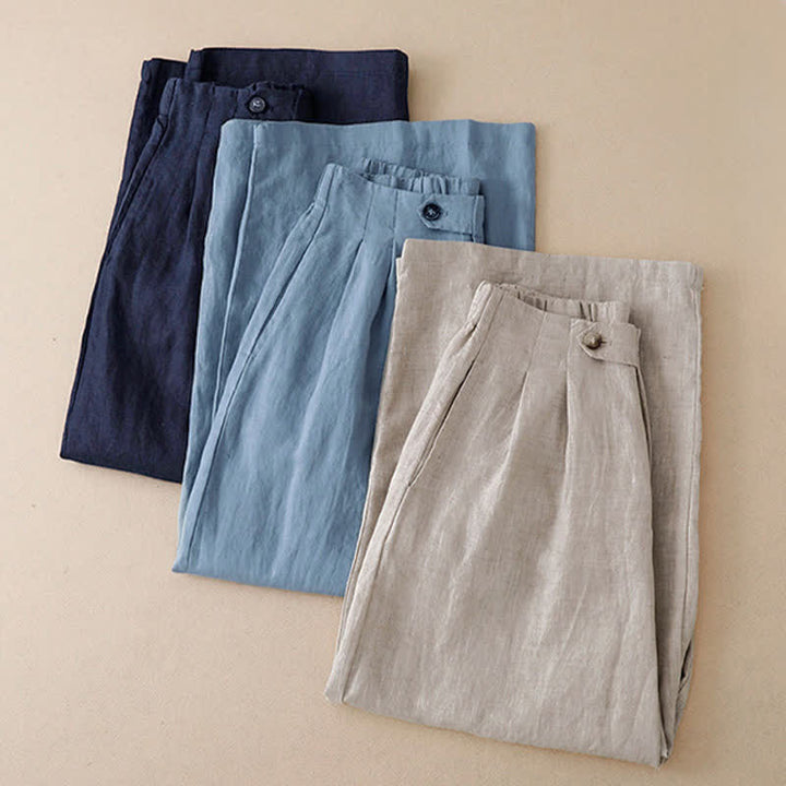 Buddha Stones Pantalon d'été minimaliste décontracté à boutons, coupe 7/8, jambes larges, avec poches - image 21