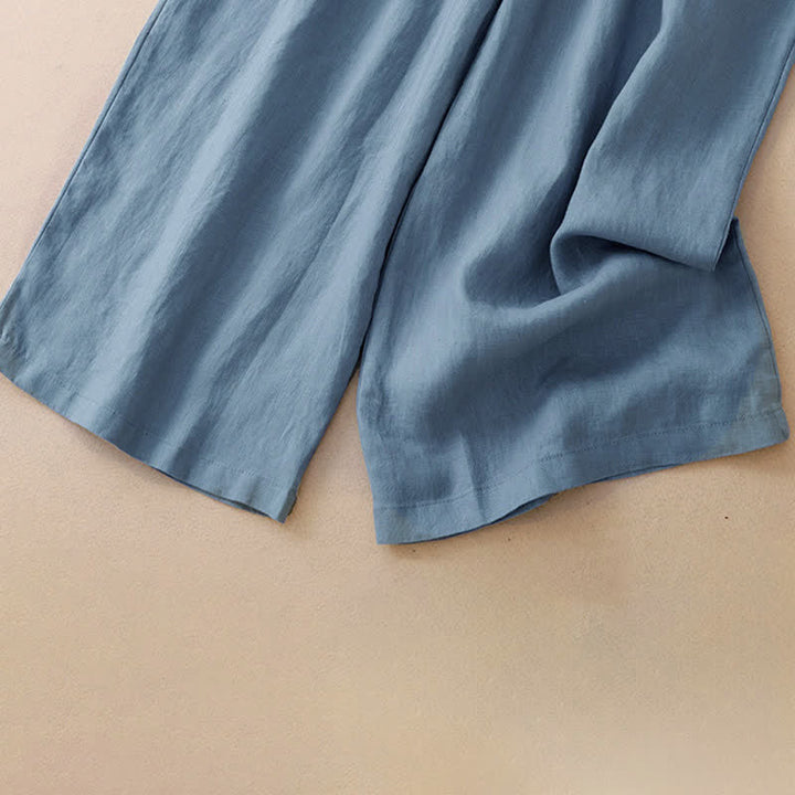 Buddha Stones Pantalon d'été minimaliste décontracté à boutons, coupe 7/8, jambes larges, avec poches - image 5