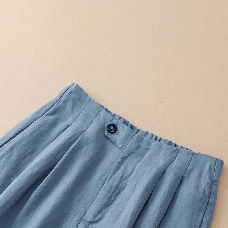 Buddha Stones Pantalon d'été minimaliste décontracté à boutons, coupe 7/8, jambes larges, avec poches - image 1