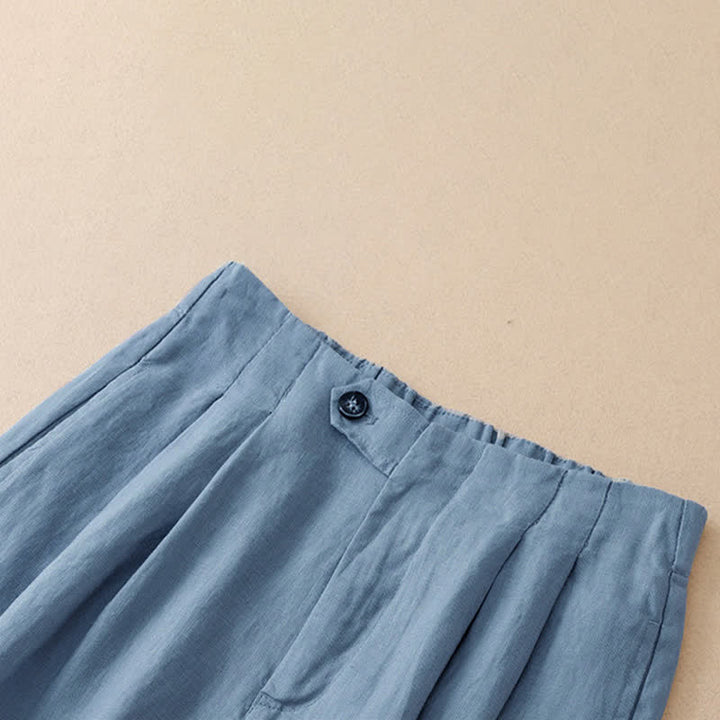 Buddha Stones Pantalon d'été minimaliste décontracté à boutons, coupe 7/8, jambes larges, avec poches - image 1