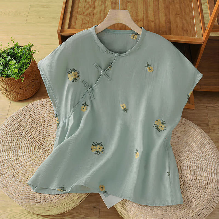Buddha Stones Débardeur d'été décontracté pour femme, col mandarin, broderie florale, style Tang. - Bleuet - US12, UK/AU16, EU44 (2XL) - image 8