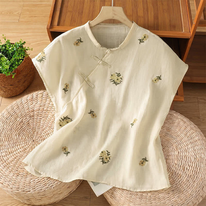 Buddha Stones Débardeur d'été décontracté pour femme, col mandarin, broderie florale, style Tang. - Blanc - US12, UK/AU16, EU44 (2XL) - image 0