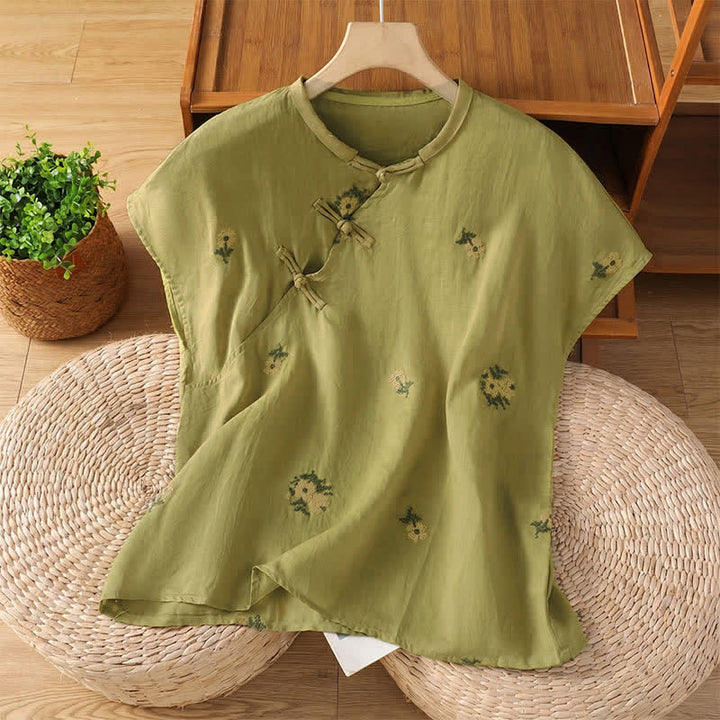 Buddha Stones Débardeur d'été décontracté pour femme, col mandarin, broderie florale, style Tang. - Vert olive - US12, UK/AU16, EU44 (2XL) - image 15