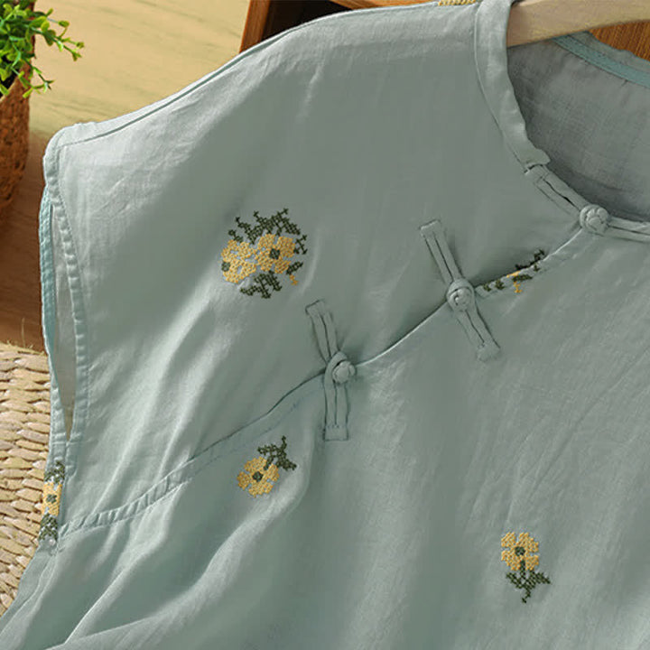 Buddha Stones Débardeur d'été décontracté pour femme, col mandarin, broderie florale, style Tang. - image 13