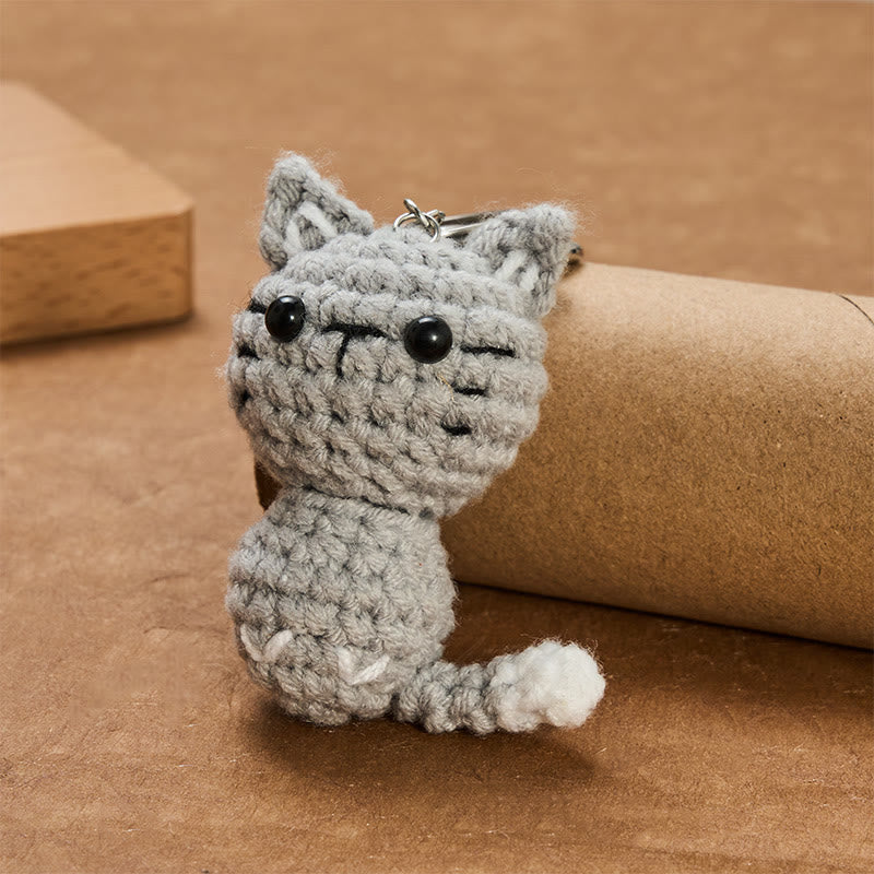 Buddha Stones Porte-clés cadeau chat mignon gris clair crocheté à la main - image 2