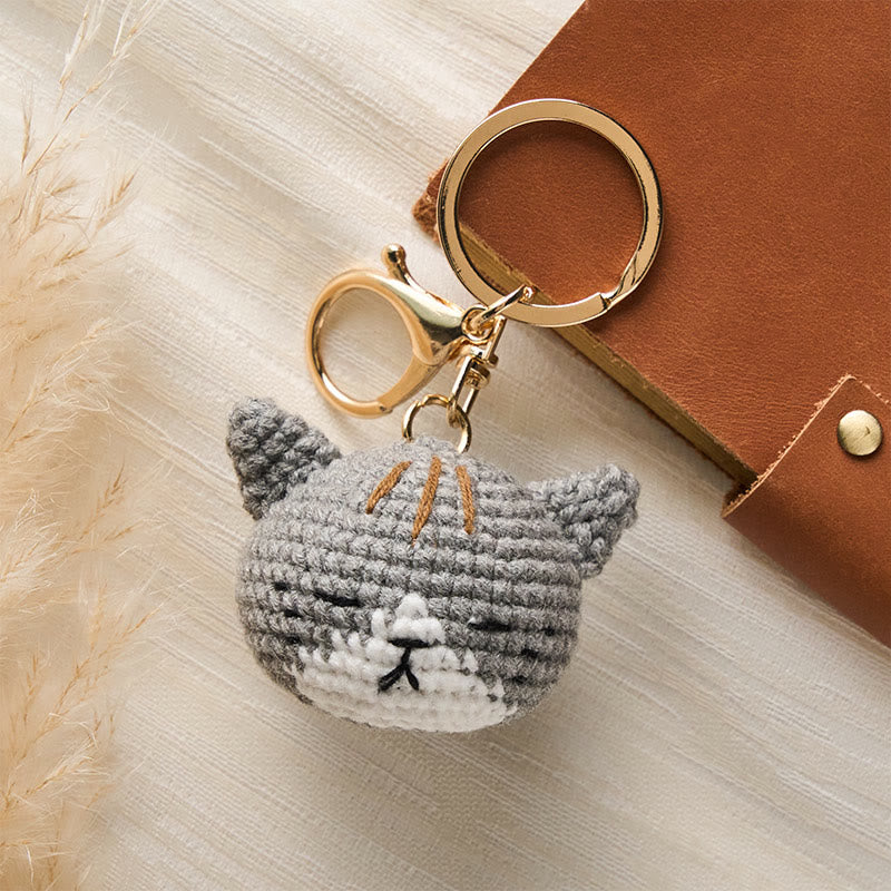 Buddha Stones Porte-clés Harmony en forme de tête de chat mignon, crochetés à la main - Chat gris - image 4