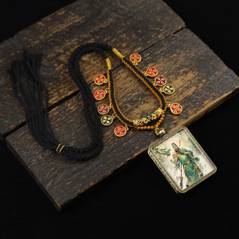 Buddha Stones Collier Thangka à pompon tressé et protection du Seigneur Guan en cuivre - image 1