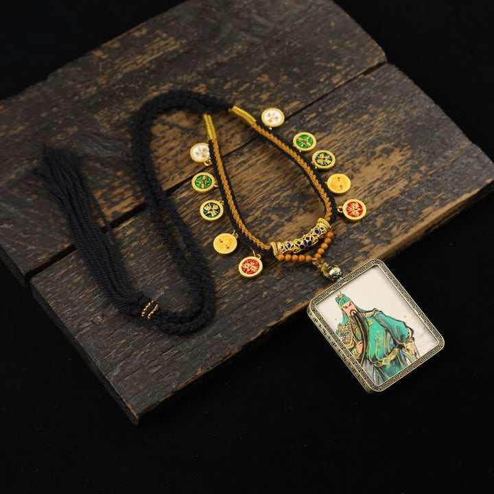 Buddha Stones Collier Thangka à pompon tressé et protection du Seigneur Guan en cuivre - Thangka verte à moitié corps du seigneur Guan - image 5