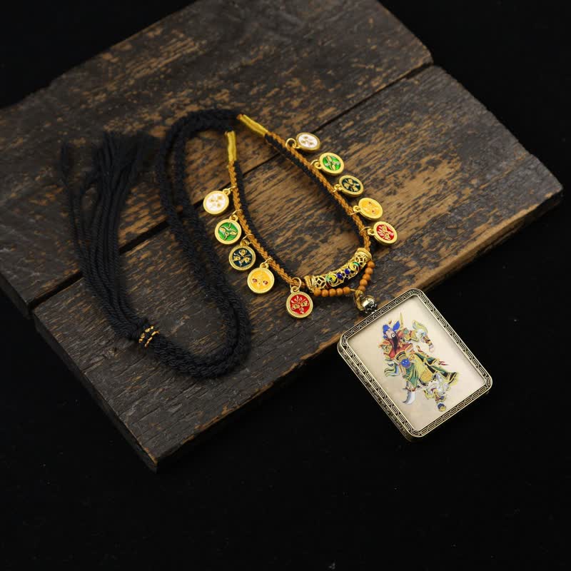 Buddha Stones Collier Thangka à pompon tressé et protection du Seigneur Guan en cuivre - Thangka multicolore de Lord Guan (version chapeau bleu) - image 15