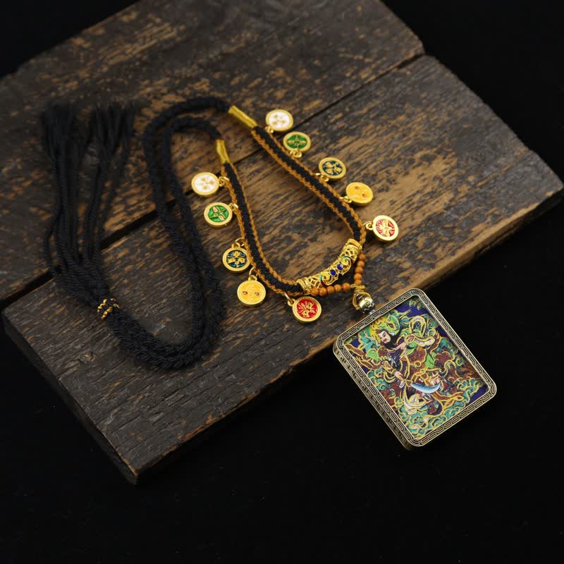 Buddha Stones Collier Thangka à pompon tressé et protection du Seigneur Guan en cuivre - Thangka multicolore du Seigneur Guan (version à fond vert) - image 19