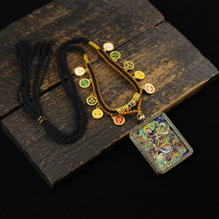 Buddha Stones Collier Thangka à pompon tressé et protection du Seigneur Guan en cuivre - Thangka multicolore du Seigneur Guan (version à fond vert) - image 19