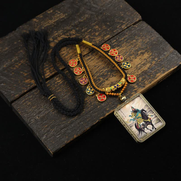 Buddha Stones Collier Thangka à pompon tressé et protection du Seigneur Guan en cuivre - Thangka du Seigneur Guan à cheval vert - image 9