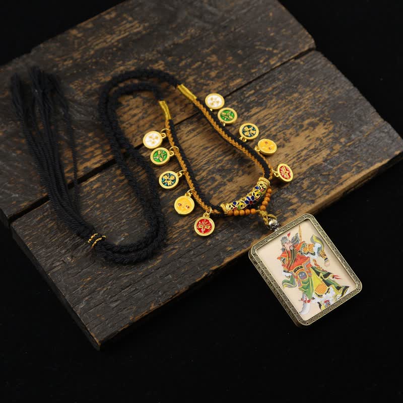 Buddha Stones Collier Thangka à pompon tressé et protection du Seigneur Guan en cuivre - Thangka multicolore du Seigneur Guan (version chapeau gris) - image 21