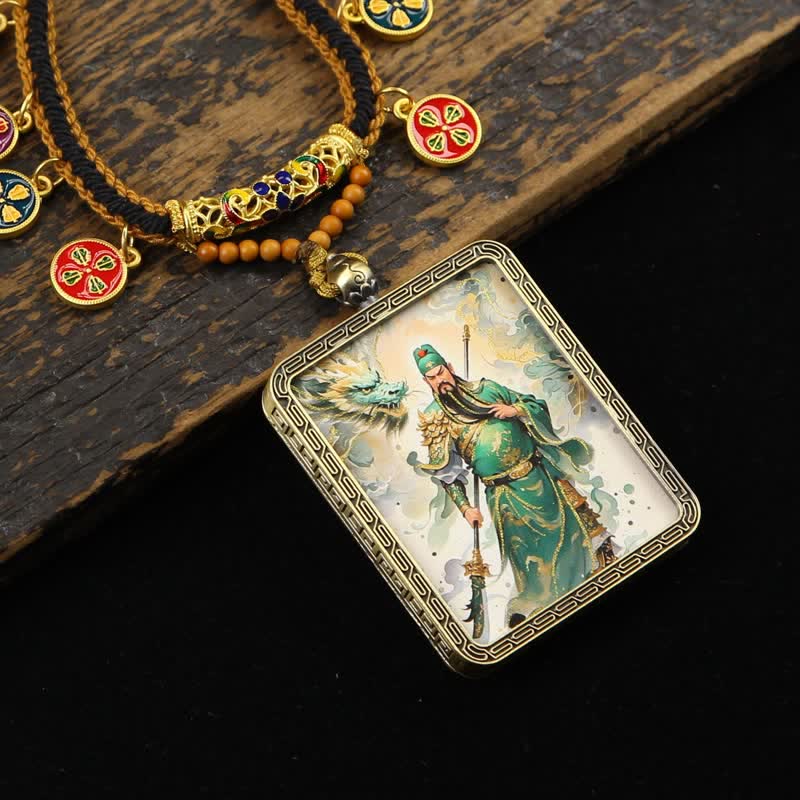 Buddha Stones Collier Thangka à pompon tressé et protection du Seigneur Guan en cuivre - Thangka verte représentant le seigneur Guan en entier - image 0