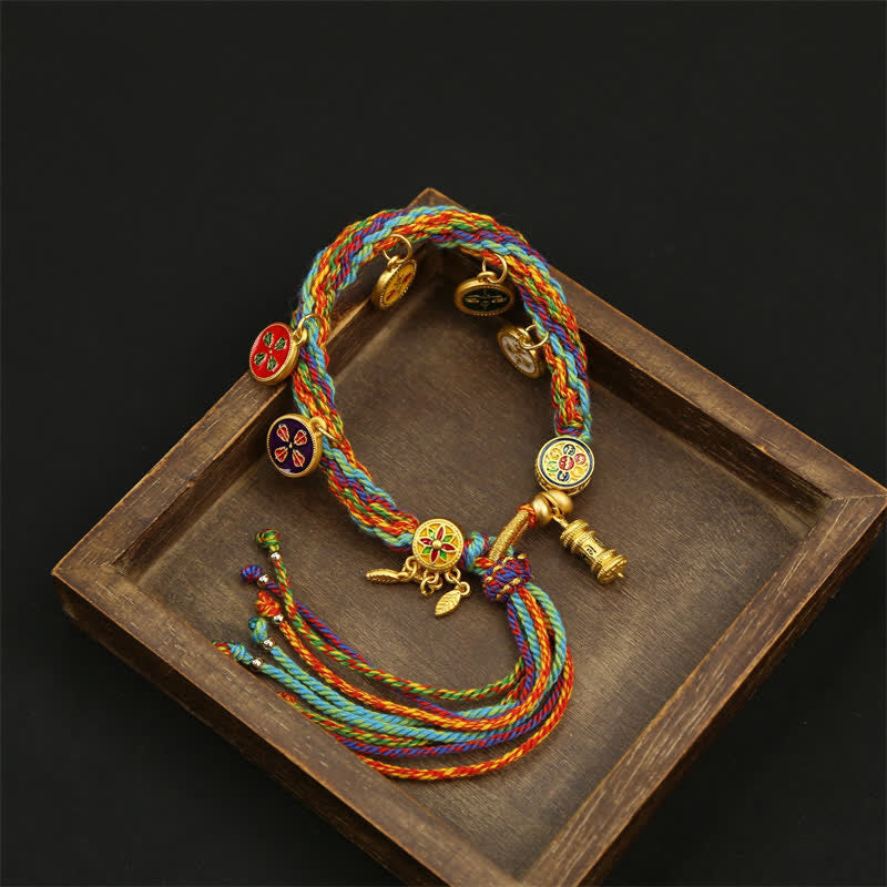 Buddha Stones Bracelet à pompon Om Mani Padme Hum en corde tressée arc-en-ciel - image 1