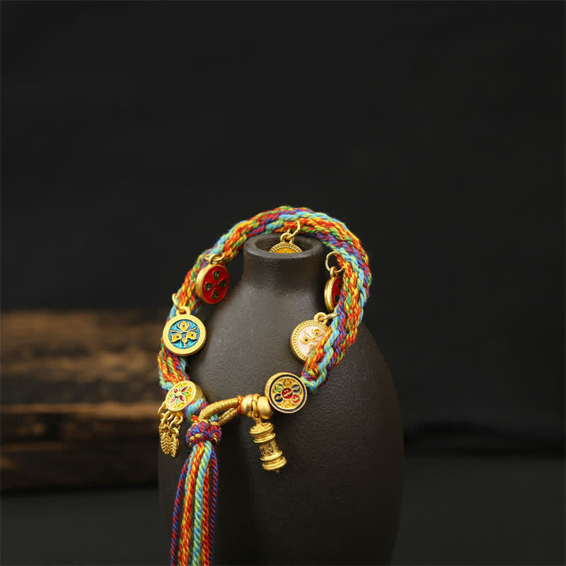 Buddha Stones Bracelet à pompon Om Mani Padme Hum en corde tressée arc-en-ciel - image 2