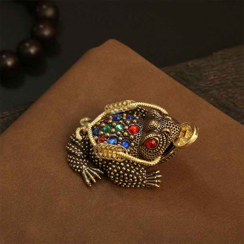 Buddha Stones Grenouille à trois pattes en laiton, symbole de richesse et de fortune - Petite grenouille porte-monnaie 7,4 cm × 3,6 cm × 4,2 cm - image 1