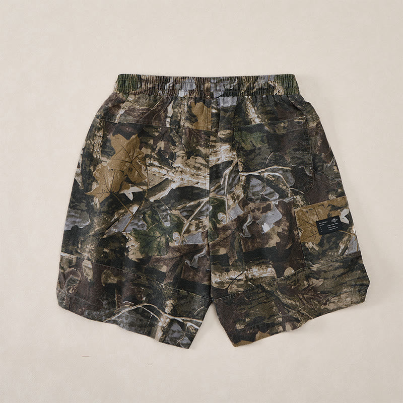 Buddha Stones Short d'été décontracté et athlétique pour homme, en coton ramie, avec cordon de serrage, motif camouflage à feuilles et poches. - image 1