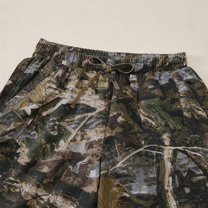 Buddha Stones Short d'été décontracté et athlétique pour homme, en coton ramie, avec cordon de serrage, motif camouflage à feuilles et poches. - image 2