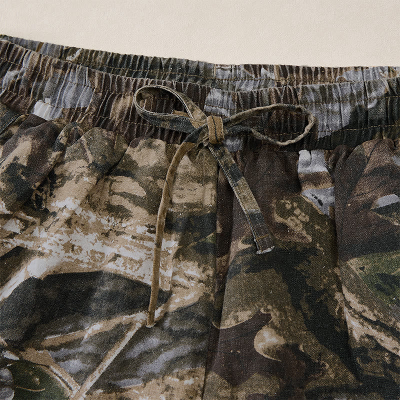 Buddha Stones Short d'été décontracté et athlétique pour homme, en coton ramie, avec cordon de serrage, motif camouflage à feuilles et poches. - image 3