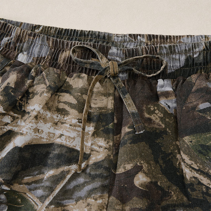 Buddha Stones Short d'été décontracté et athlétique pour homme, en coton ramie, avec cordon de serrage, motif camouflage à feuilles et poches. - image 3