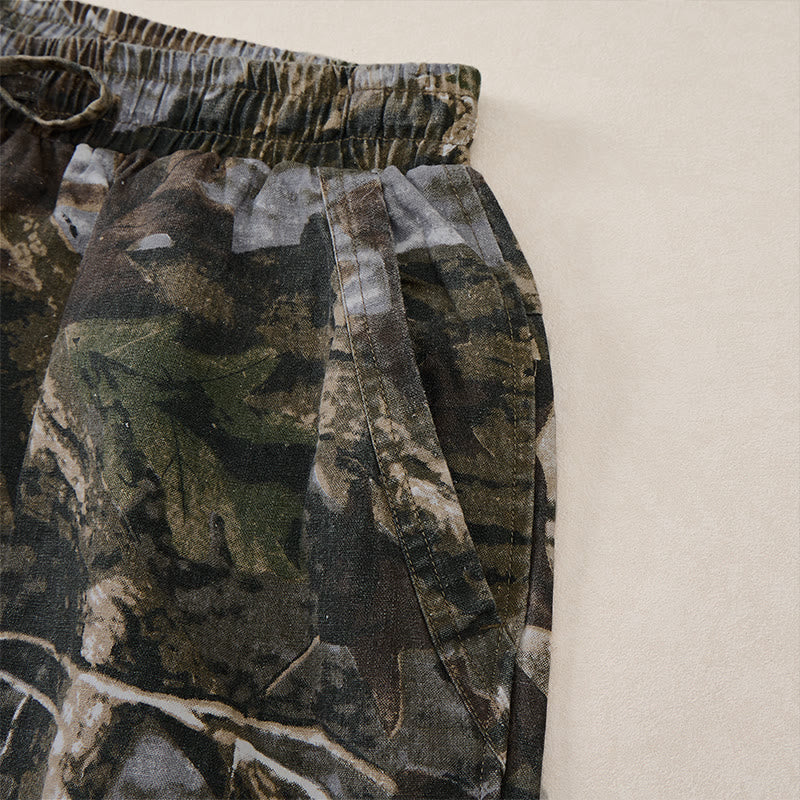 Buddha Stones Short d'été décontracté et athlétique pour homme, en coton ramie, avec cordon de serrage, motif camouflage à feuilles et poches. - image 4