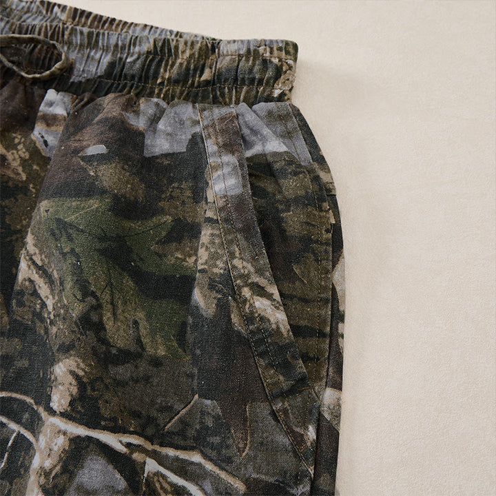 Buddha Stones Short d'été décontracté et athlétique pour homme, en coton ramie, avec cordon de serrage, motif camouflage à feuilles et poches. - image 4