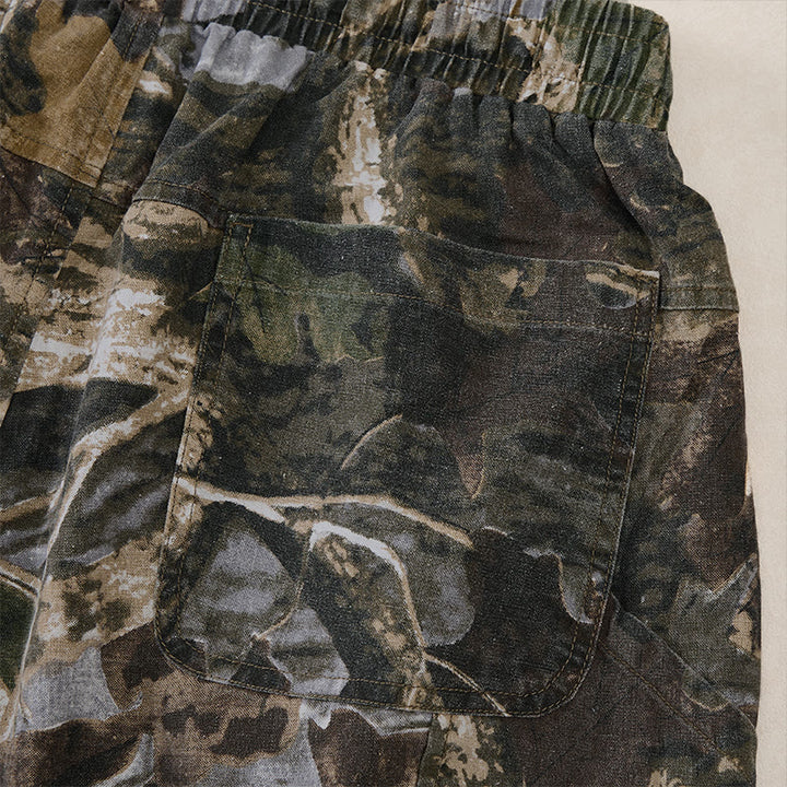 Buddha Stones Short d'été décontracté et athlétique pour homme, en coton ramie, avec cordon de serrage, motif camouflage à feuilles et poches. - image 5
