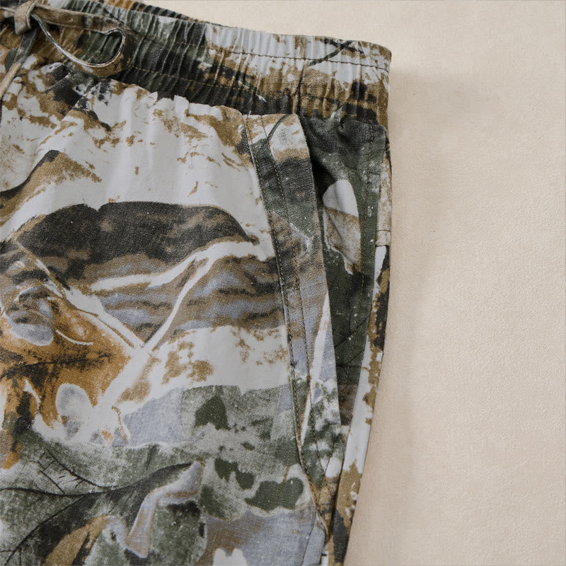 Buddha Stones Short d'été décontracté et athlétique pour homme, en coton ramie, avec cordon de serrage, motif camouflage à feuilles et poches. - image 14