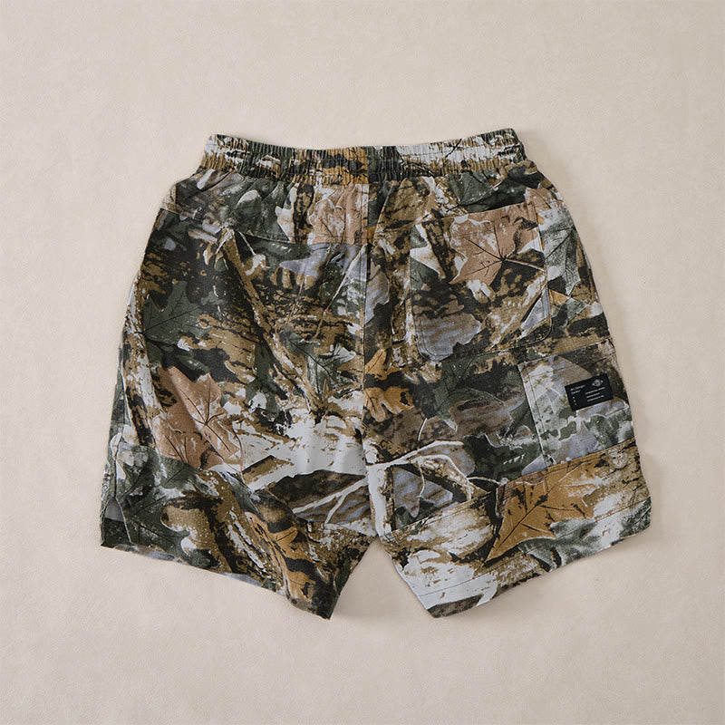 Buddha Stones Short d'été décontracté et athlétique pour homme, en coton ramie, avec cordon de serrage, motif camouflage à feuilles et poches. - image 11