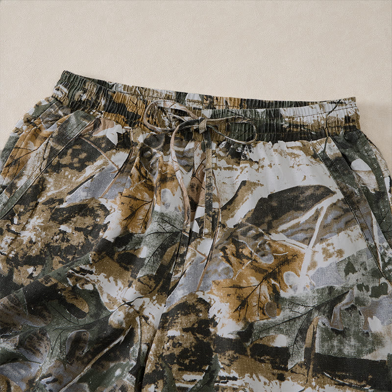 Buddha Stones Short d'été décontracté et athlétique pour homme, en coton ramie, avec cordon de serrage, motif camouflage à feuilles et poches. - image 12
