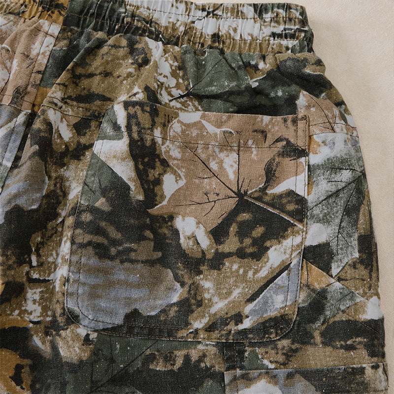 Buddha Stones Short d'été décontracté et athlétique pour homme, en coton ramie, avec cordon de serrage, motif camouflage à feuilles et poches. - image 15