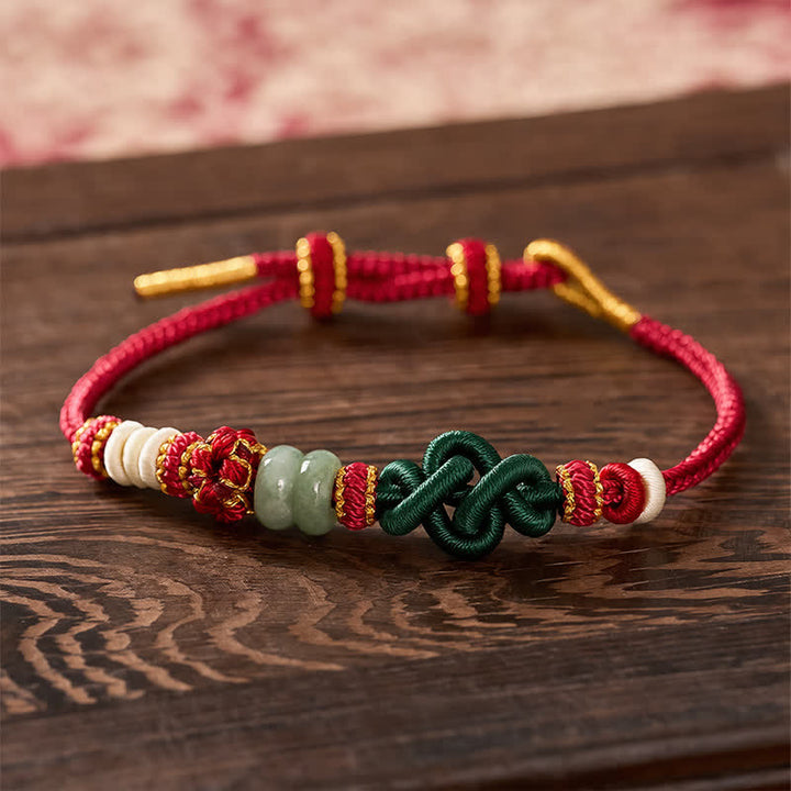 Buddha Stones Bracelet Ruyi tressé à la main, orné d'un nœud en jade et de fleurs de pêcher, porte-bonheur et ajustable - 5,9-7,5 po / 15-19 cm - image 0