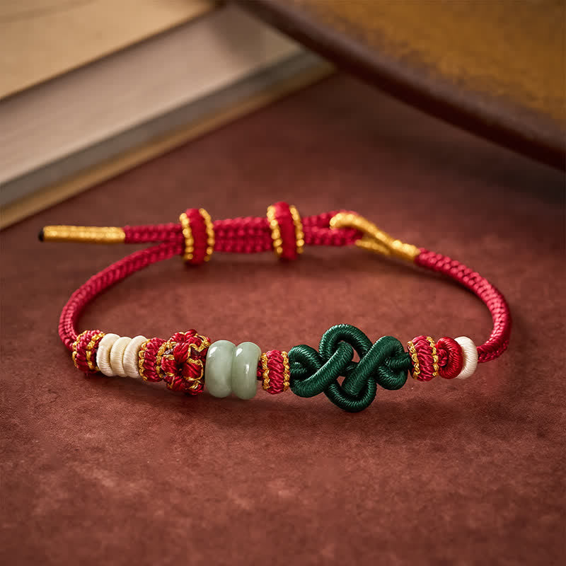 Buddha Stones Bracelet Ruyi tressé à la main, orné d'un nœud en jade et de fleurs de pêcher, porte-bonheur et ajustable - image 3