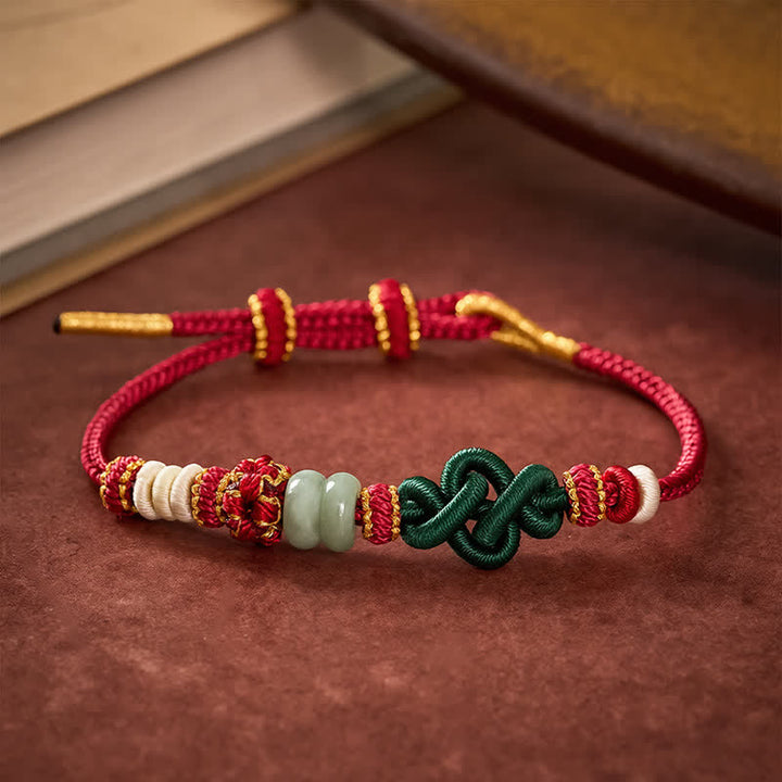 Buddha Stones Bracelet Ruyi tressé à la main, orné d'un nœud en jade et de fleurs de pêcher, porte-bonheur et ajustable - image 3