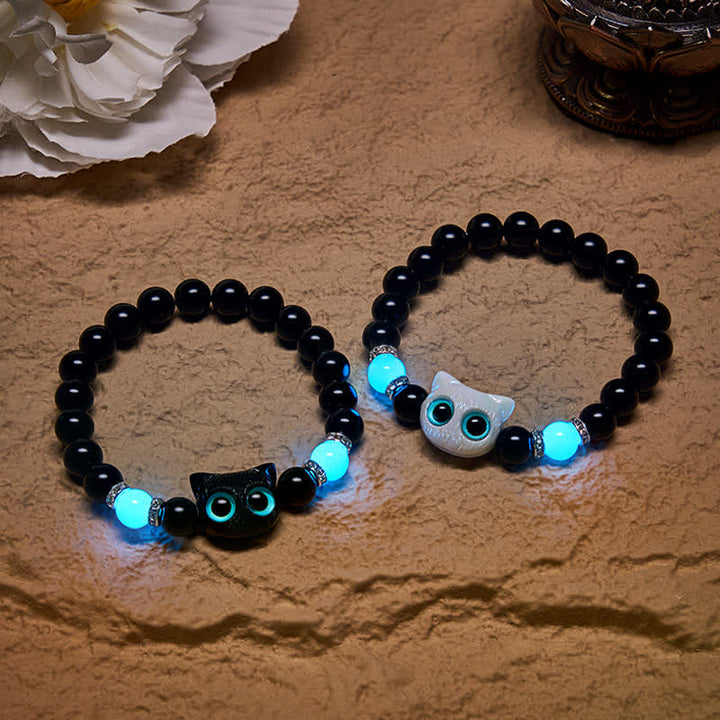 Buddha Stones Bracelet de protection en perles d'obsidienne noire avec un adorable chat aux grands yeux - image 0