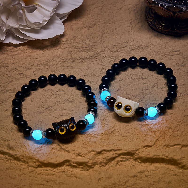 Buddha Stones Bracelet en obsidienne noire sculptée à la main avec perles en relief représentant un chat aux grands yeux - image 0