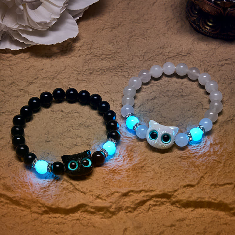 Buddha Stones Bracelet de pureté en perles de jade blanc et obsidienne noire à tête de chat mignon - image 0