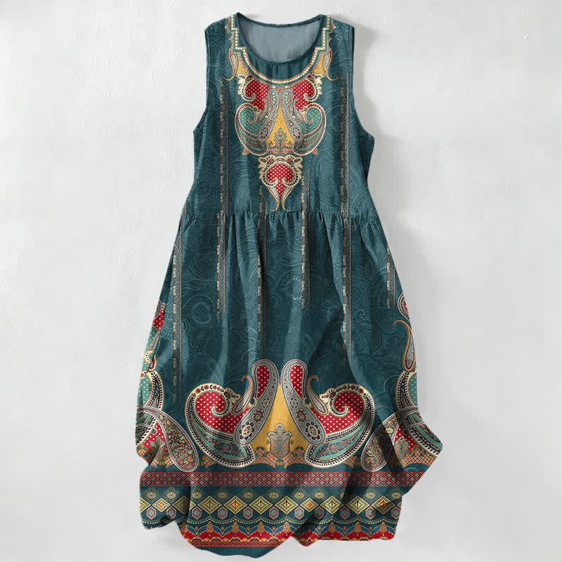 Buddha Stones Robe midi d'été décontractée pour femme, à motif cachemire persan et bordure, sans manches, avec poches - Sarcelle - US16，UK/AU20，EU48 (3XL) - image 0