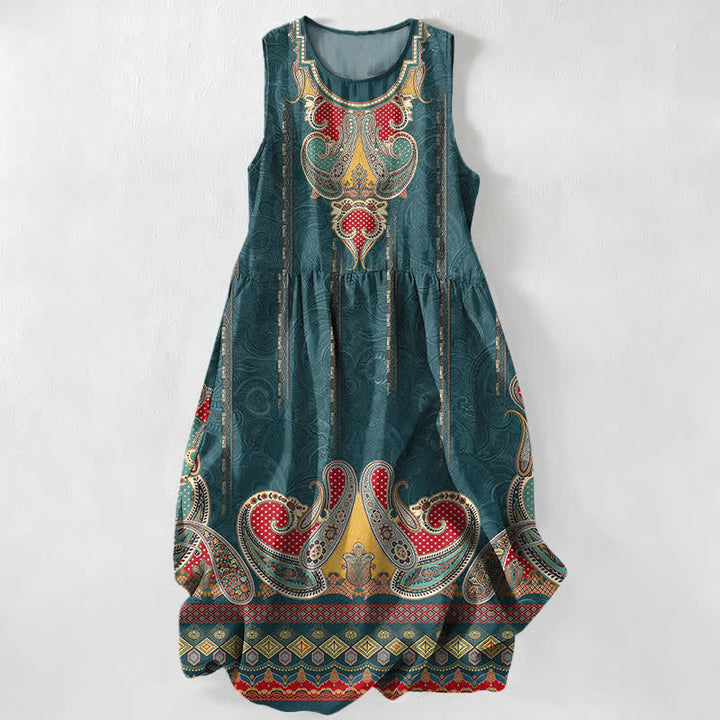 Buddha Stones Robe midi d'été décontractée pour femme, à motif cachemire persan et bordure, sans manches, avec poches - Sarcelle - US16，UK/AU20，EU48 (3XL) - image 0