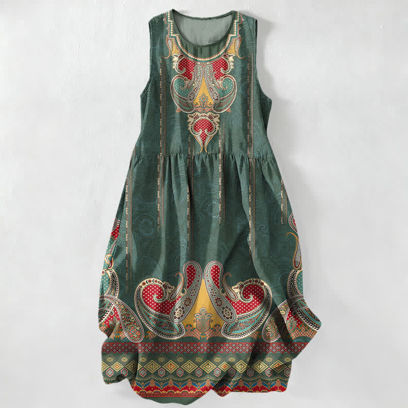 Buddha Stones Robe midi d'été décontractée pour femme, à motif cachemire persan et bordure, sans manches, avec poches - Vert forêt - US16，UK/AU20，EU48 (3XL) - image 4