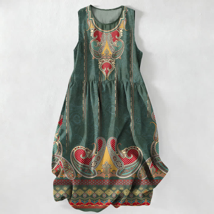 Buddha Stones Robe midi d'été décontractée pour femme, à motif cachemire persan et bordure, sans manches, avec poches - Vert forêt - US16，UK/AU20，EU48 (3XL) - image 4