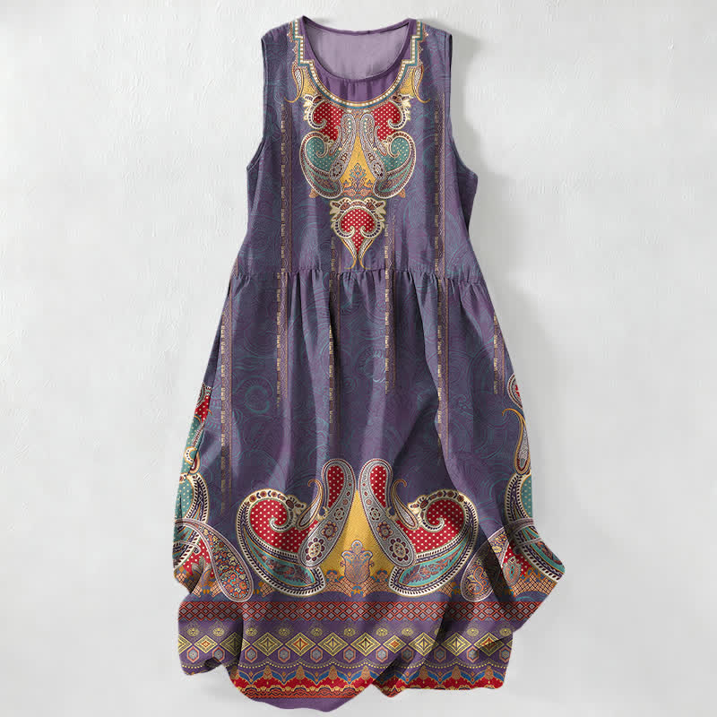 Buddha Stones Robe midi d'été décontractée pour femme, à motif cachemire persan et bordure, sans manches, avec poches - Bleu ardoise - US16，UK/AU20，EU48 (3XL) - image 5
