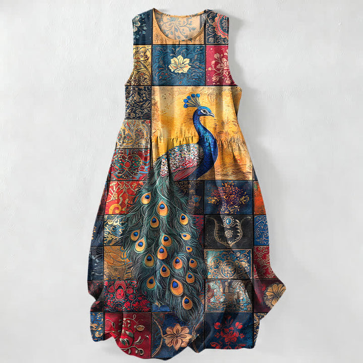 Buddha Stones Robe midi d'été décontractée pour femme, sans manches, à motif patchwork paon, avec poches - SteelBlue - US16，UK/AU20，EU48 (3XL) - image 0