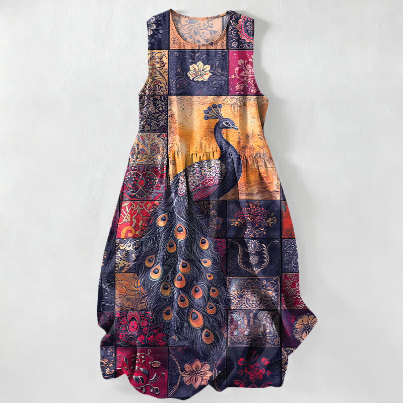 Buddha Stones Robe midi d'été décontractée pour femme, sans manches, à motif patchwork paon, avec poches - Indigo - US16，UK/AU20，EU48 (3XL) - image 4